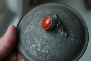 Antique Chinese Pewter Lidded Bowl Carnelian Finial Marked Yan He Shun Late Qing 2