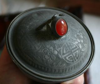 Antique Chinese Pewter Lidded Bowl Carnelian Finial Marked Yan He Shun Late Qing 4