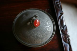 Antique Chinese Pewter Lidded Bowl Carnelian Finial Marked Yan He Shun Late Qing 5
