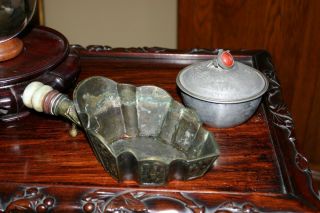 Antique Chinese Pewter Lidded Bowl Carnelian Finial Marked Yan He Shun Late Qing 8