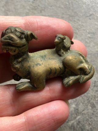 Antique Small Brass Chinese Food Dog ? With Bird ? On Back