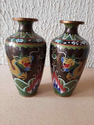 Pair Antique Chinese Bronze Cloisonne Dragon Vase Early 20th Century