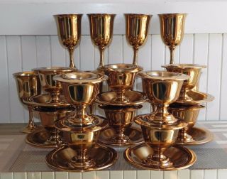 Vtg 28 Piece Saxton Inc Ca Copper Set Cordial Goblets With Glass Inserts Saucer