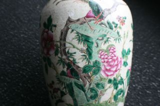 Large Antique Chinese Porcelain Hand Painted Flower Bird w/ Pattern Vase - Marks 8