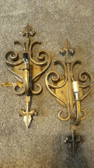 Pair Vintage Wrought Iron Painted Gold Spanish Revival Wall Sconces Fleur De Lis