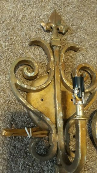 Pair Vintage Wrought Iron Painted Gold Spanish Revival Wall Sconces Fleur de Lis 5