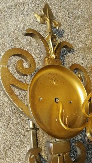 Pair Vintage Wrought Iron Painted Gold Spanish Revival Wall Sconces Fleur de Lis 8