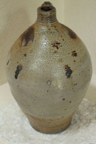 Ovoid Stoneware Brown Salt - Glaze Jug Stamped " Boston " 1800 