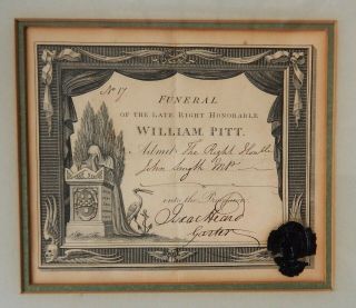 1806 Funeral Procession Ticket Right Honorable William Pitt Framed