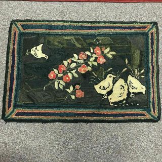 Antique Folk Art Primitive Pictorial Hand Hooked Rug With Farm Chic Chickens