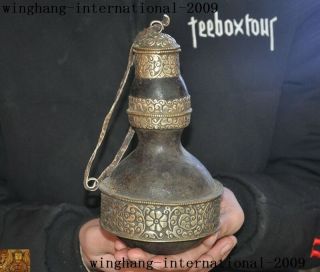7 " Rare Antiques Tibet Gourd Inlay Tibetan Silver Gourd Shape Wine Pot Bottle Jar