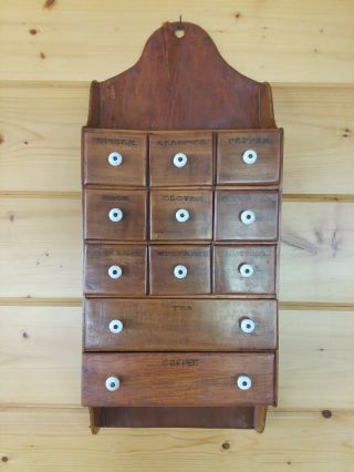 Old Vintage Antique Primitive 11 Drawer Wooden Spice Wall Cabinet.