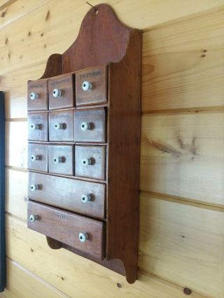 Old Vintage Antique Primitive 11 Drawer Wooden Spice Wall Cabinet. 3