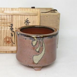 G668: Japanese Incense Burner Of Mashiko Pottery By Greatest Shoji Hamada W/box