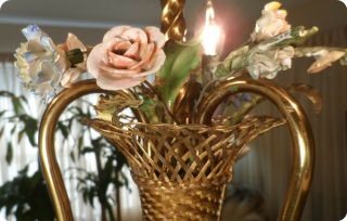 Antique German Porcelain Flower Basket Bronze Brass Petite Chandelier 4