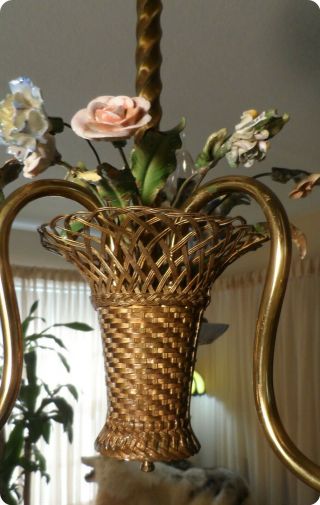 Antique German Porcelain Flower Basket Bronze Brass Petite Chandelier 6
