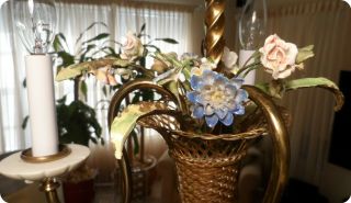 Antique German Porcelain Flower Basket Bronze Brass Petite Chandelier 7