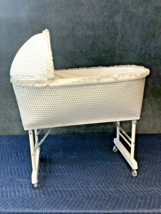 Vintage White Wicker Bassinet Baby Doll Crib Cradle French Chic Nursery Rolling