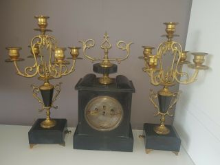 Antique French Marble & Gilt Bronze Ornate Candelabras & Mantle Clock 12