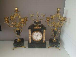 Antique French Marble & Gilt Bronze Ornate Candelabras & Mantle Clock