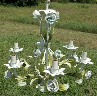 Antique/vtg Italian Tole Metal Blue White Flower Roses Italy 6 Light Chandelier