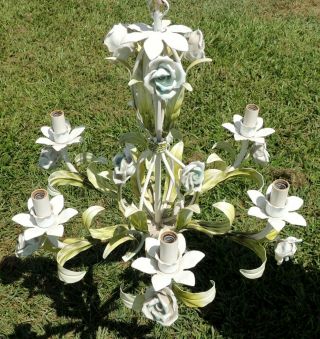 Antique/Vtg Italian Tole Metal Blue White Flower Roses Italy 6 Light Chandelier 2