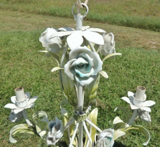Antique/Vtg Italian Tole Metal Blue White Flower Roses Italy 6 Light Chandelier 3