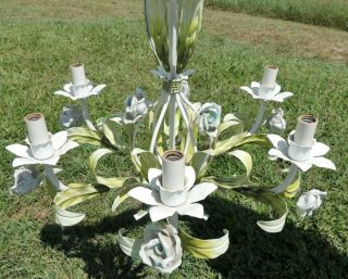 Antique/Vtg Italian Tole Metal Blue White Flower Roses Italy 6 Light Chandelier 4