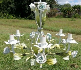 Antique/Vtg Italian Tole Metal Blue White Flower Roses Italy 6 Light Chandelier 5