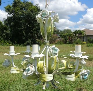 Antique/Vtg Italian Tole Metal Blue White Flower Roses Italy 6 Light Chandelier 6