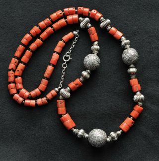 Antique Coral And Tibetan Silver Necklace - 82.  8cm