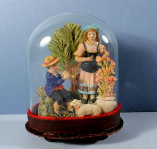 Victorian Whimsy Wax Valentine W Blown Glass Dome Diorama: Two Children W Lamb