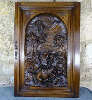 Antique French Large Deep Carved Walnut Wood Door Panel - Hunting Scene Wild Boar