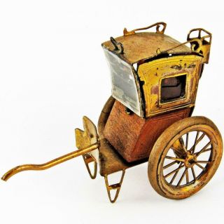 Antique Rickshaw Figural Brass,  Wood & Rubber Wheel Wind - Up Sewing Tape Measure