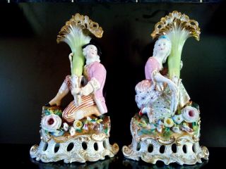 Antique French Jacob Petit Porcelain Cornucopia Vases Gentleman & Lady Figurines