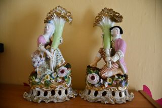 Antique French Jacob Petit porcelain Cornucopia Vases Gentleman & Lady Figurines 2
