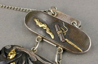 Fine Antique 19th c Japanese Shakudo Silver Bronze Gold Samurai Nature Bracelet 2