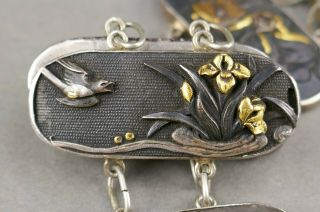 Fine Antique 19th c Japanese Shakudo Silver Bronze Gold Samurai Nature Bracelet 3