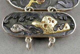 Fine Antique 19th c Japanese Shakudo Silver Bronze Gold Samurai Nature Bracelet 7