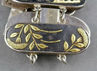 Fine Antique 19th c Japanese Shakudo Silver Bronze Gold Samurai Nature Bracelet 8