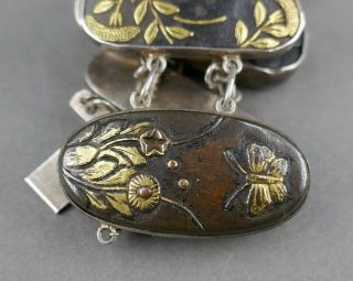 Fine Antique 19th c Japanese Shakudo Silver Bronze Gold Samurai Nature Bracelet 9