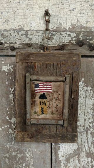 Early Primitive Handstitched Sampler Saltbox House Willow Tree American Flag Usa