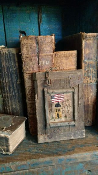 EARLY PRIMITIVE HANDSTITCHED SAMPLER SALTBOX HOUSE WILLOW TREE AMERICAN FLAG USA 2