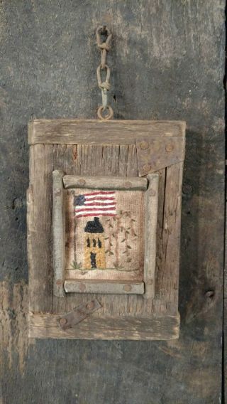 EARLY PRIMITIVE HANDSTITCHED SAMPLER SALTBOX HOUSE WILLOW TREE AMERICAN FLAG USA 5