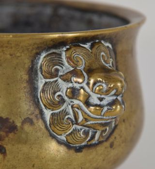 Late Ming - Early Qing Chinese Bronze Lion Mask Censer Incense Burner Xuande Mk 5