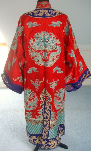 Antique / vintage Red Silk Chinese Robe,  embroidered blue dragons,  early 20th 10