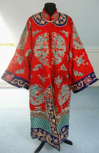 Antique / Vintage Red Silk Chinese Robe,  Embroidered Blue Dragons,  Early 20th