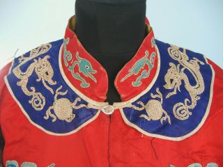 Antique / vintage Red Silk Chinese Robe,  embroidered blue dragons,  early 20th 2