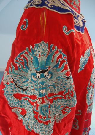 Antique / vintage Red Silk Chinese Robe,  embroidered blue dragons,  early 20th 3