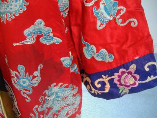 Antique / vintage Red Silk Chinese Robe,  embroidered blue dragons,  early 20th 4